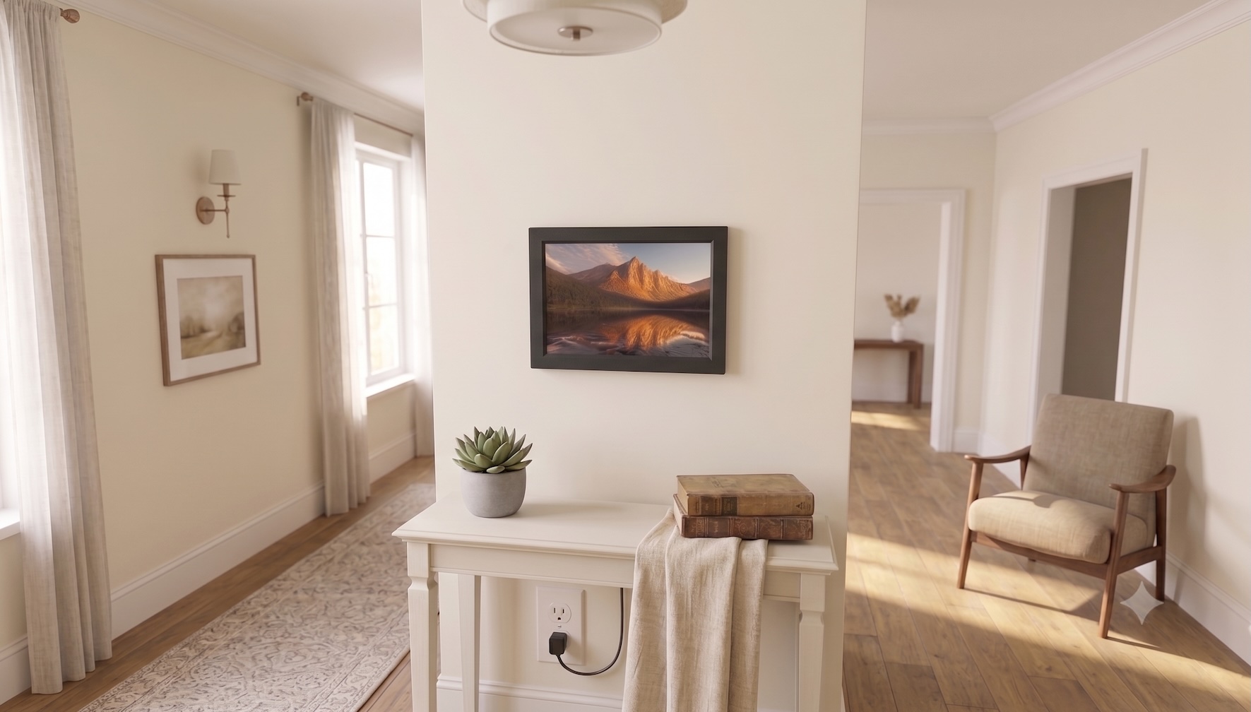 PhotonFrame on a kitchen counter displaying a family beach photo